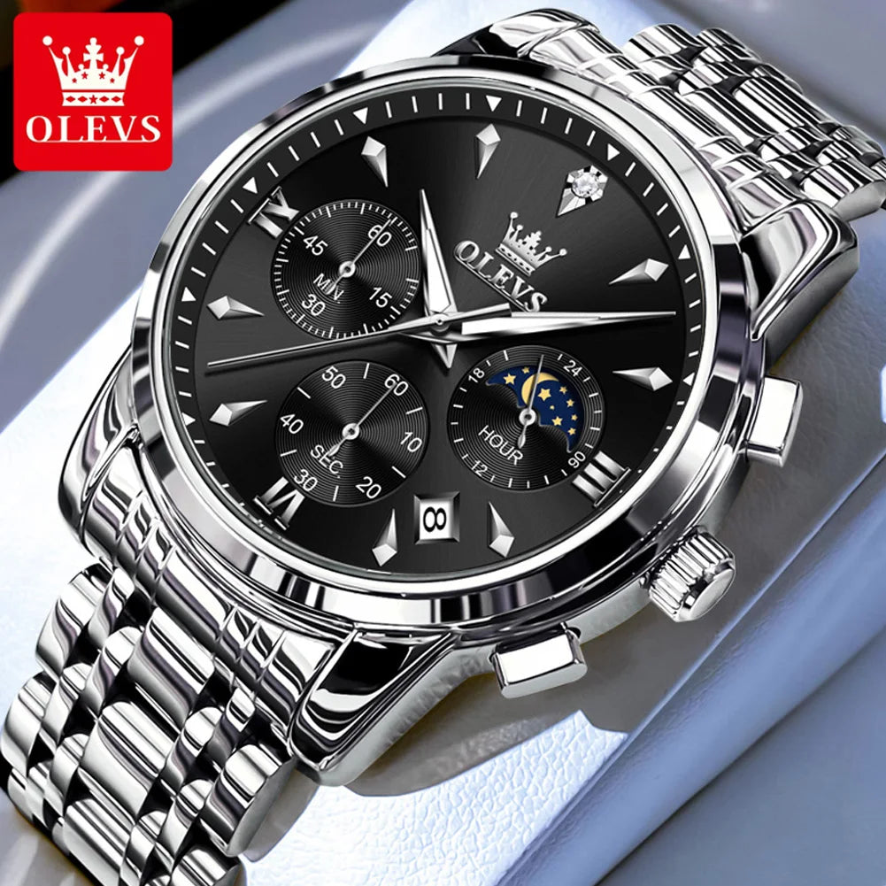 Men’s Stainless Steel Chronograph Watch With Moon Phase