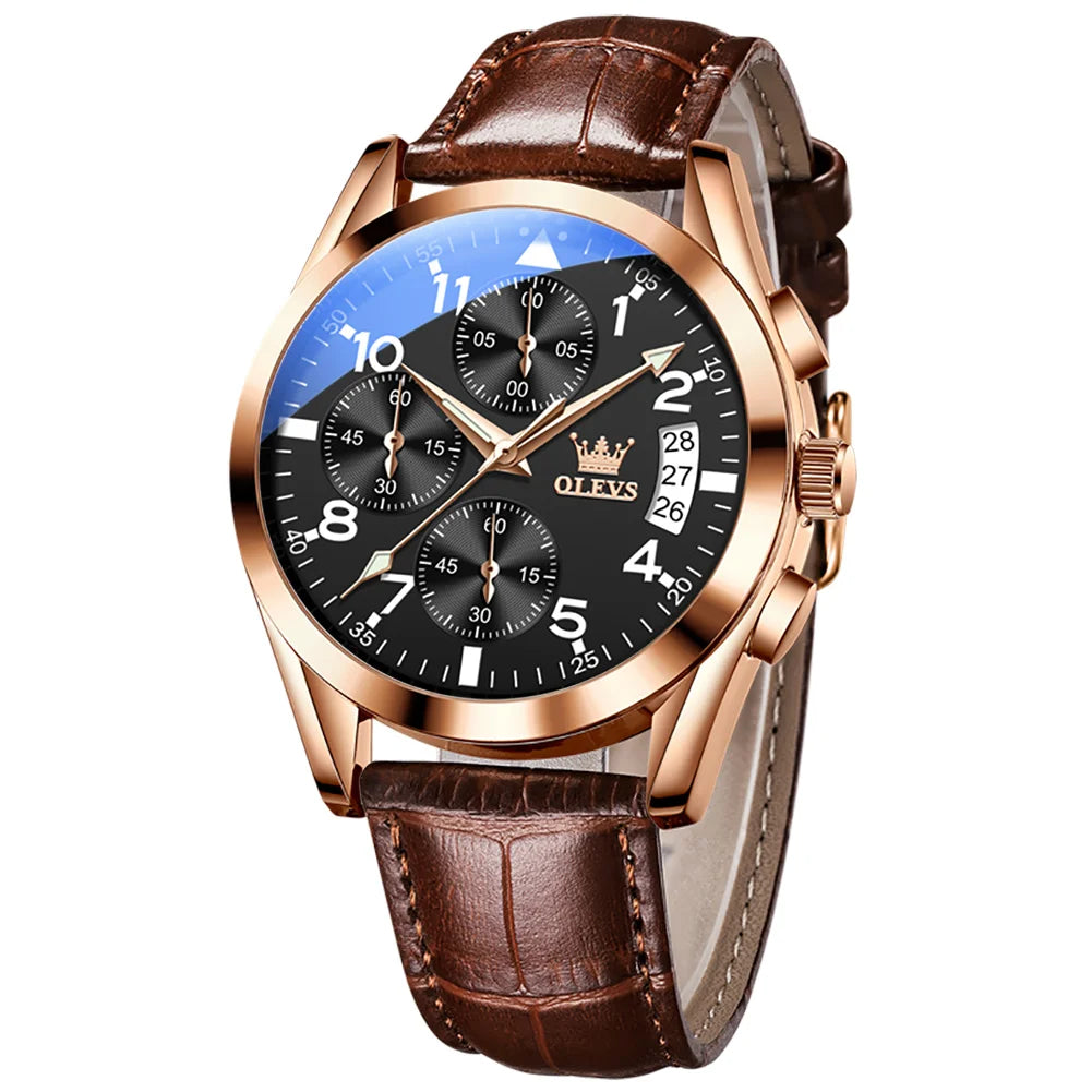 Men’s Leather Quartz Watch With Luminous Dial & Date