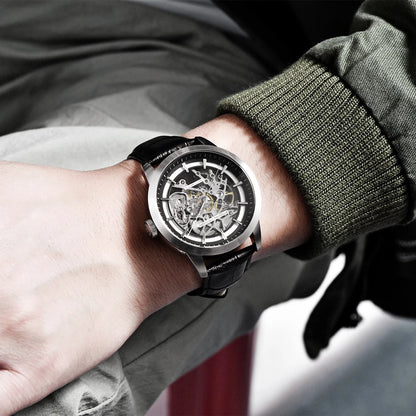 Men’s Skeleton Mechanical Watch With Leather Strap