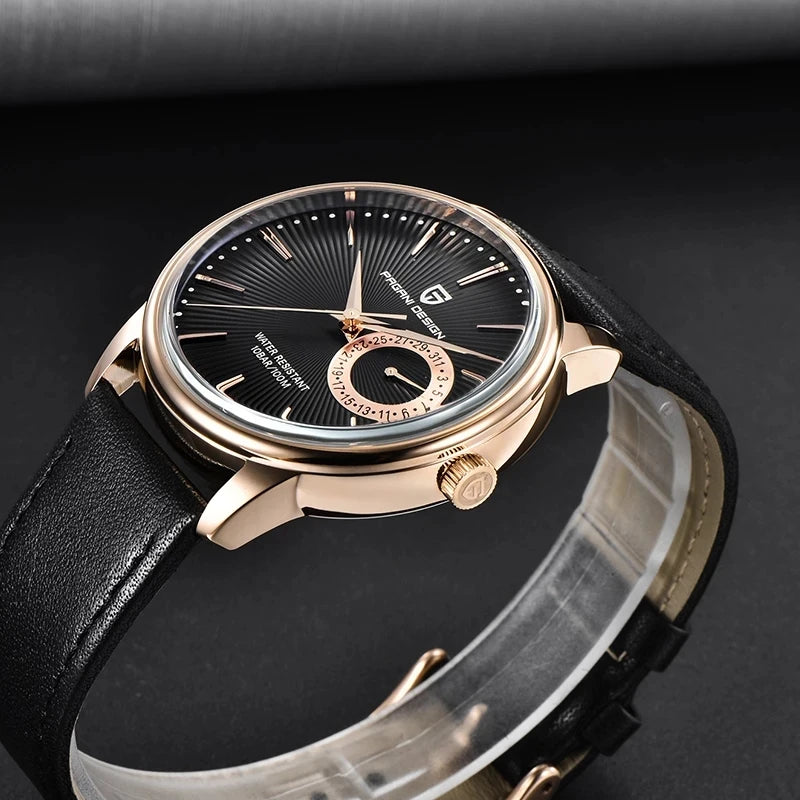 Men's Leather Chronograph Quartz Watch With Steel Case