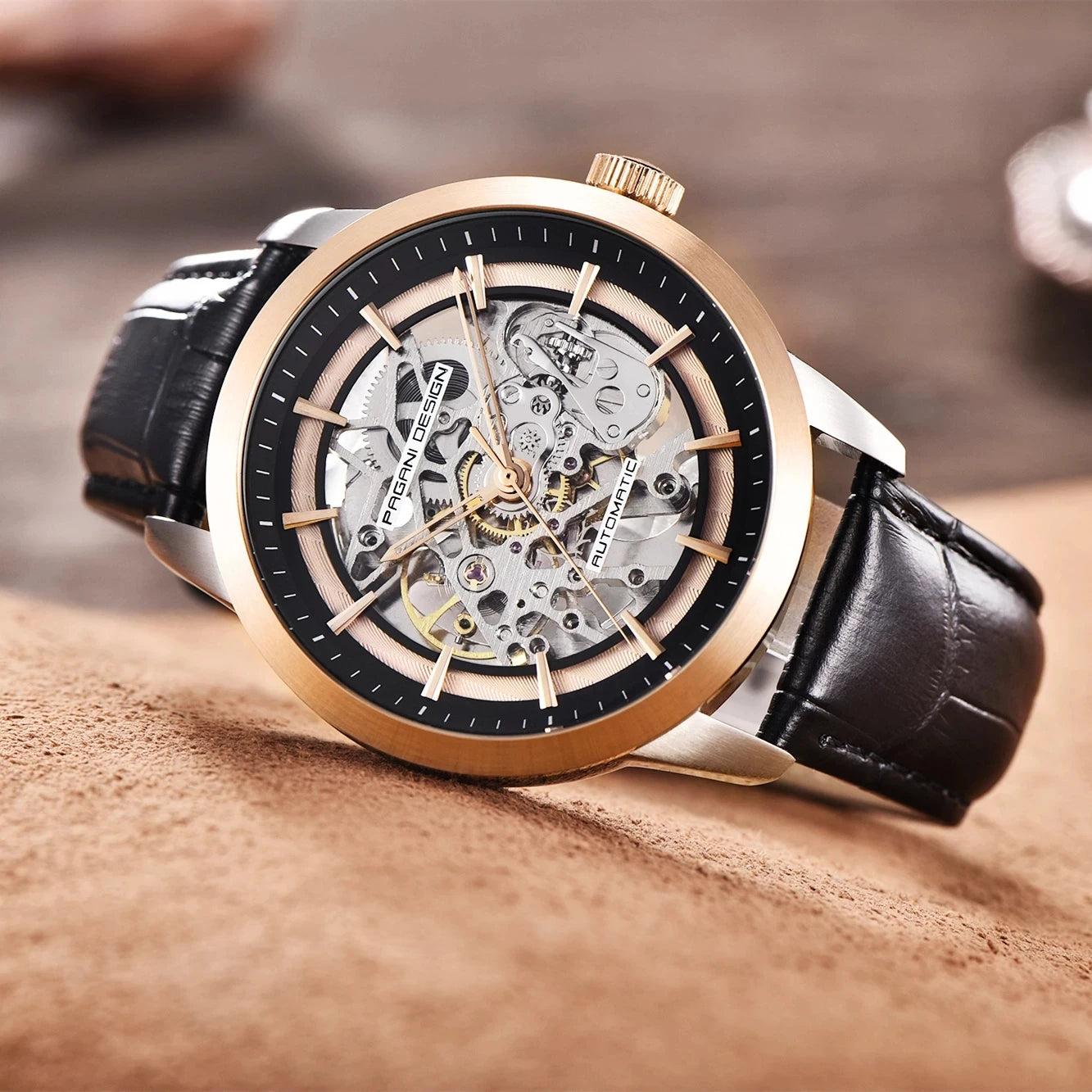 Men’s Skeleton Mechanical Watch With Leather Strap