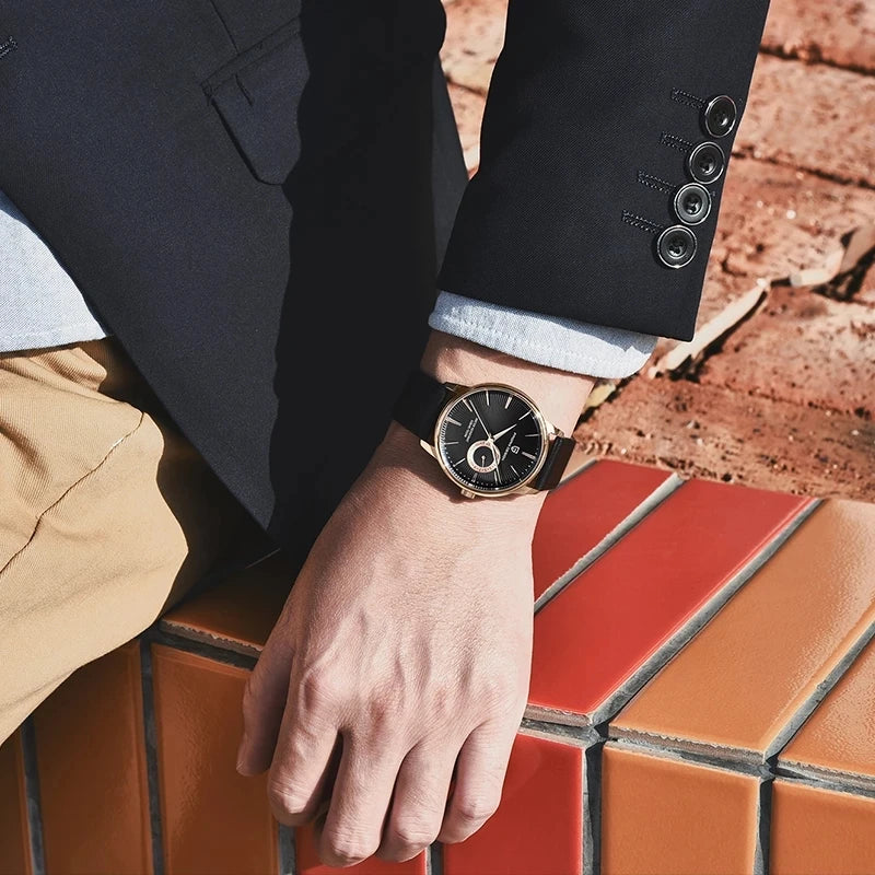 Men's Leather Chronograph Quartz Watch With Steel Case