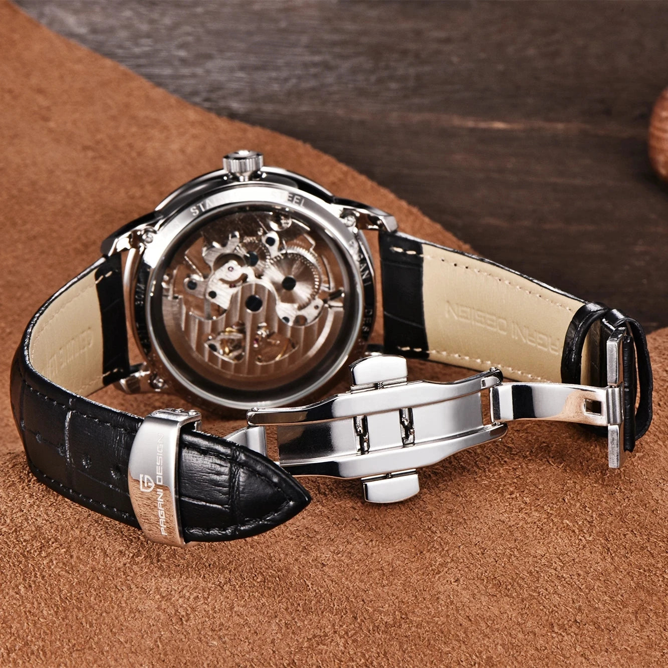 Men’s Skeleton Mechanical Watch With Leather Strap