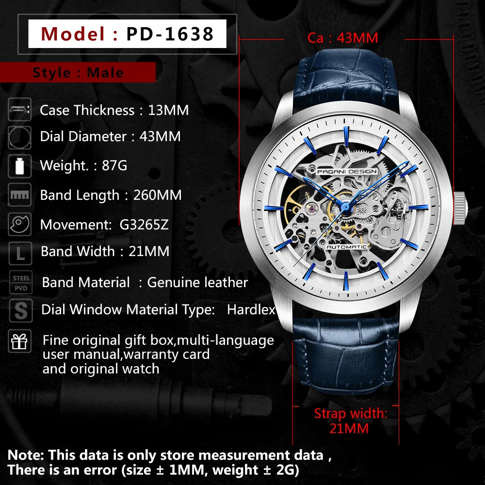 Men’s Skeleton Mechanical Watch With Leather Strap