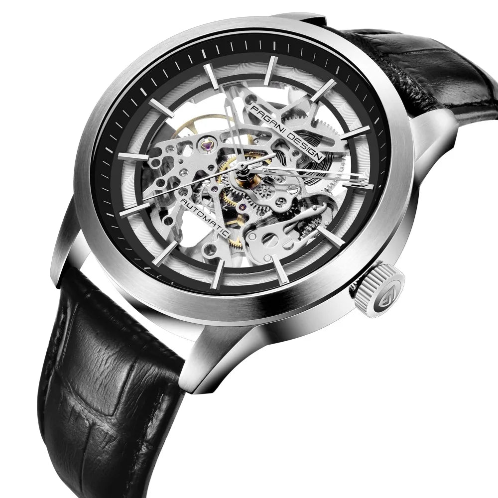 Men’s Skeleton Mechanical Watch With Leather Strap
