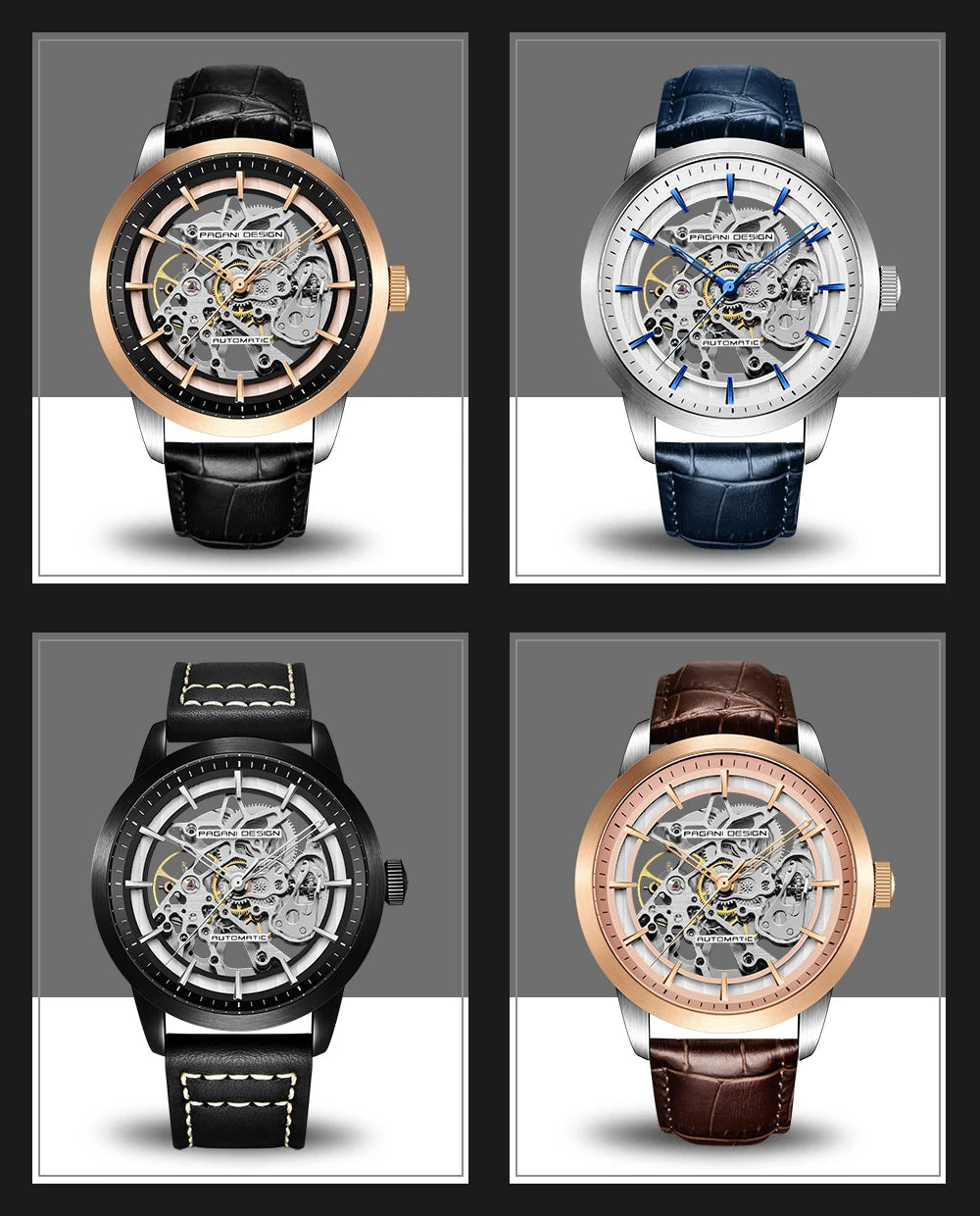 Men’s Skeleton Mechanical Watch With Leather Strap