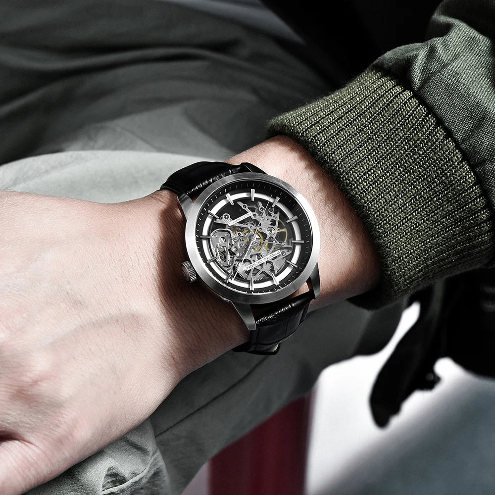 Men’s Skeleton Mechanical Watch With Leather Strap