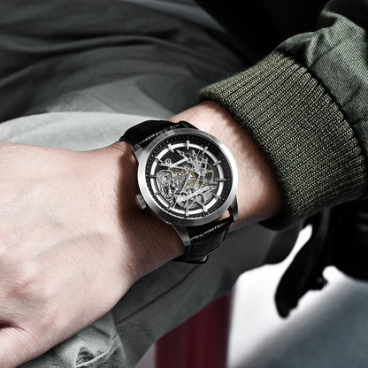 Men’s Skeleton Mechanical Watch With Leather Strap