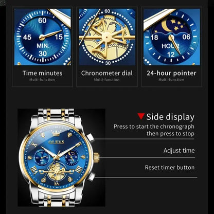 Men's Skeleton Quartz Watch Chronograph Moon Phase