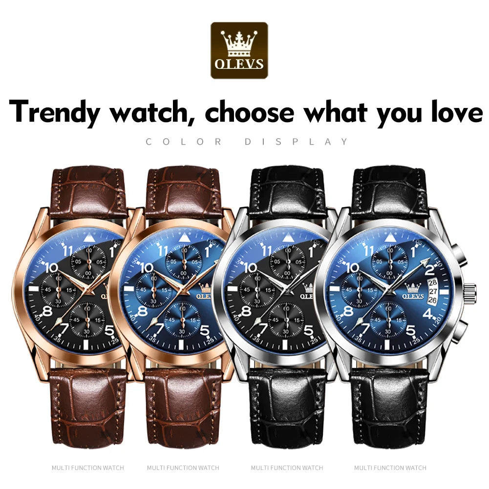 Men’s Leather Quartz Watch With Luminous Dial & Date