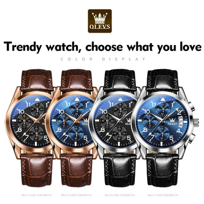Men’s Leather Quartz Watch With Luminous Dial & Date