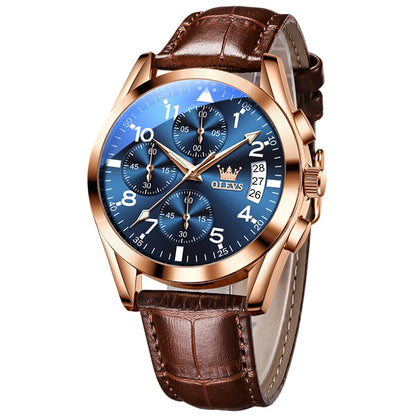 Men’s Leather Quartz Watch With Luminous Dial & Date