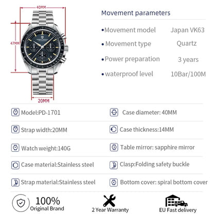 Men’s Retro Moon Chronograph Watch Quartz Stainless Steel