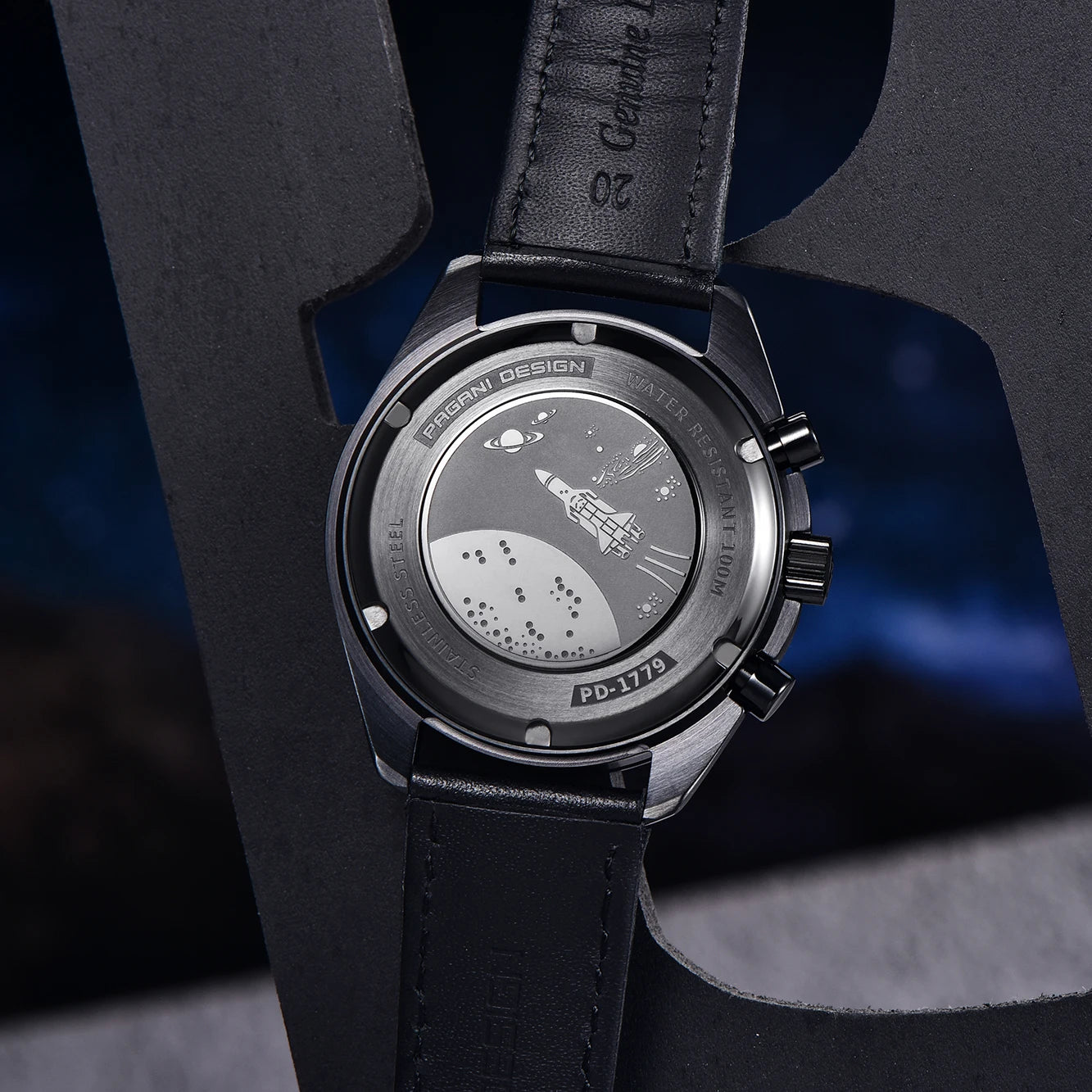 Men’s Black Chronograph Watch Quartz, Leather & Sapphire