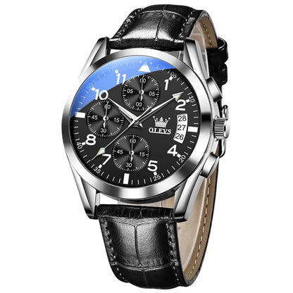 Men’s Leather Quartz Watch With Luminous Dial & Date