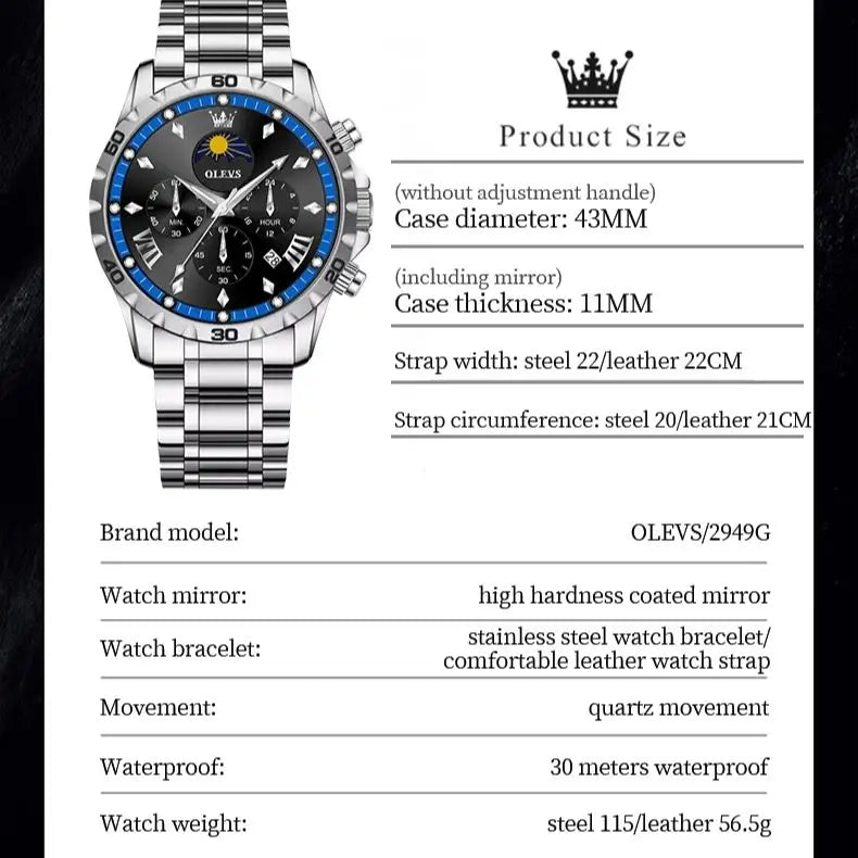 Men's Luxury Quartz Watch With Moon Phase Calendar