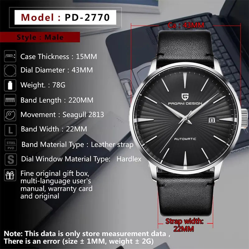 Men's Automatic Mechanical Watch Sapphire Crystal 43mm
