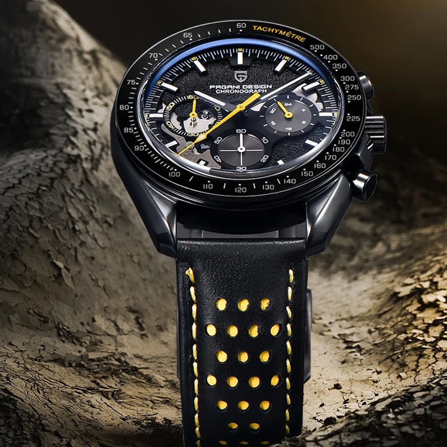 Men’s Black Chronograph Watch Quartz, Leather & Sapphire