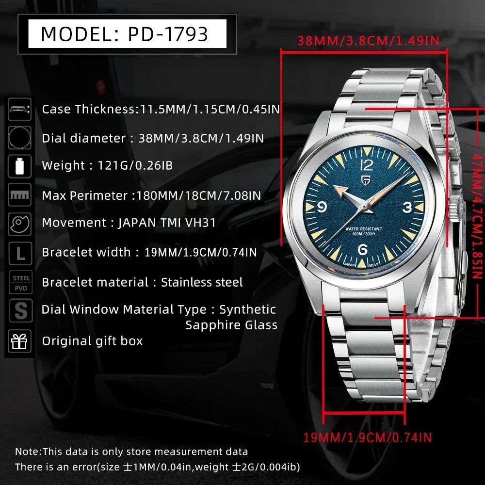 Men’s 38 mm Dress Quartz Watch Sapphire Stainless Steel