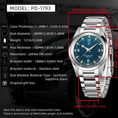 Men’s 38 mm Dress Quartz Watch Sapphire Stainless Steel