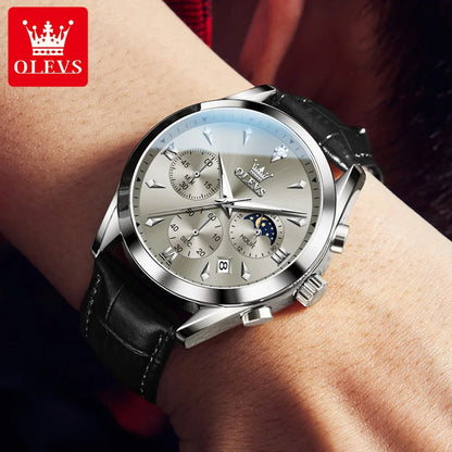 Men’s Moon Phase Chronograph Watch With Leather Strap