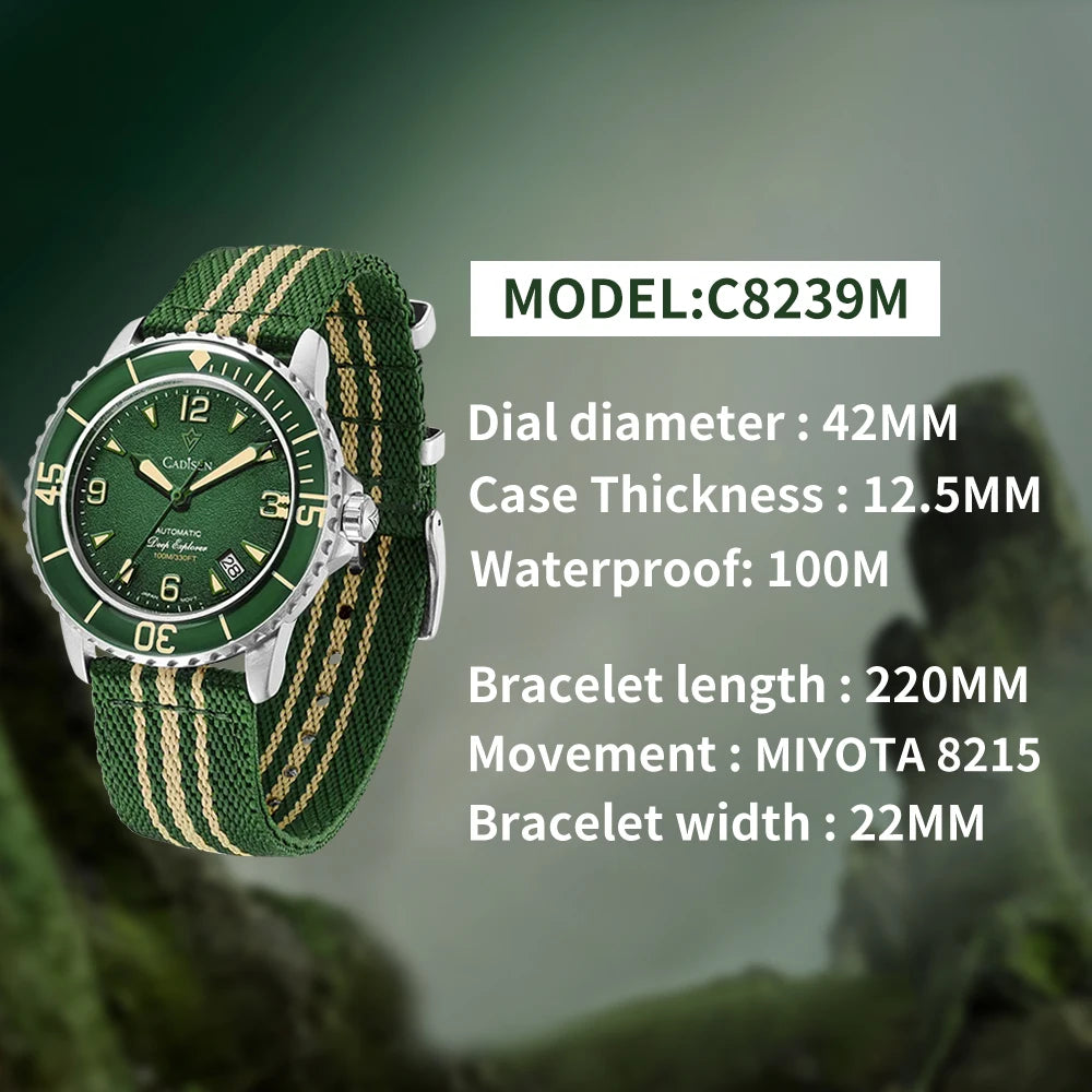Automatic Diver Watch with Canvas Strap – 10Bar, Luminous