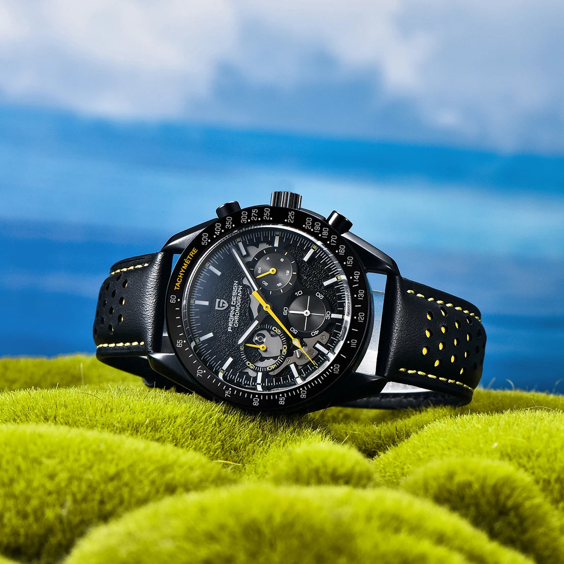 Men’s Black Chronograph Watch Quartz, Leather & Sapphire
