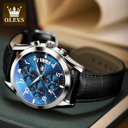 Men’s Leather Quartz Watch With Luminous Dial & Date