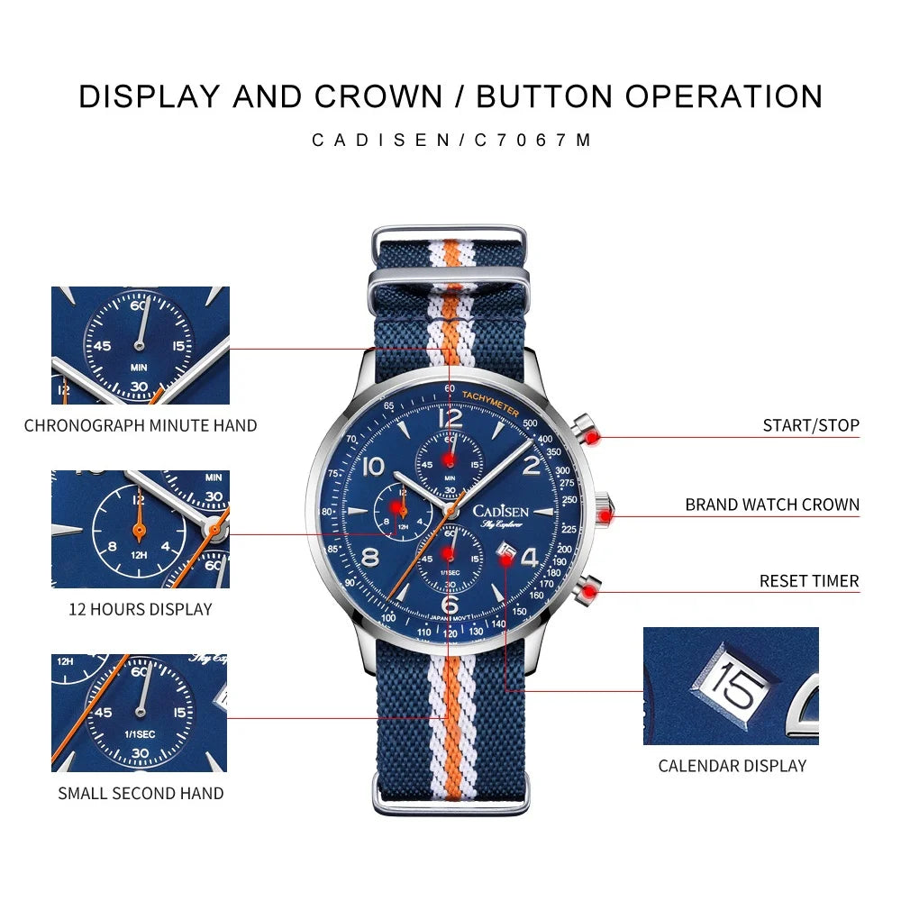 Men's Canvas Strap Chronograph Watch, 5ATM Waterproof