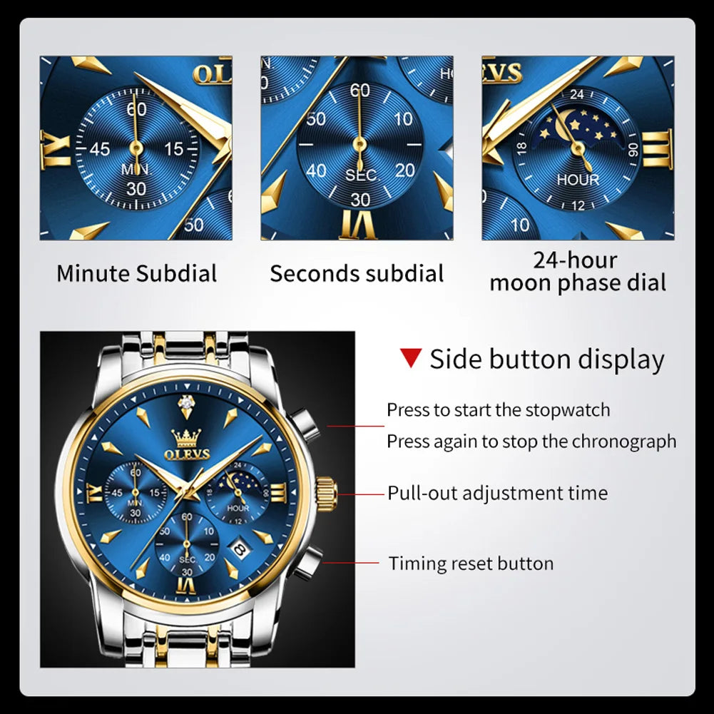 Men’s Stainless Steel Quartz Watch With Moon Phase