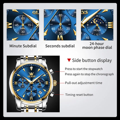 Men’s Stainless Steel Quartz Watch With Moon Phase