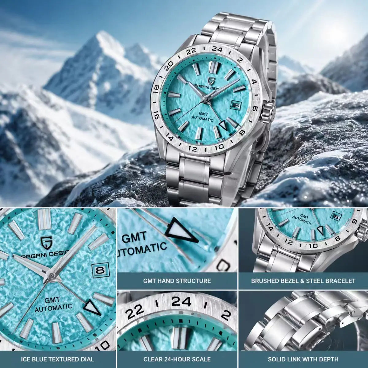 Men's GMT Automatic Watch Stainless Steel 100m Sapphire