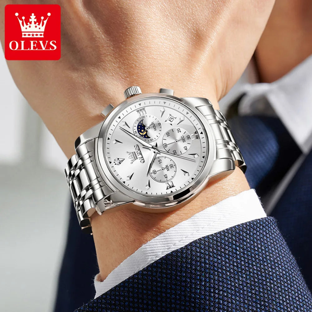 Men’s Stainless Steel Quartz Watch With Moon Phase
