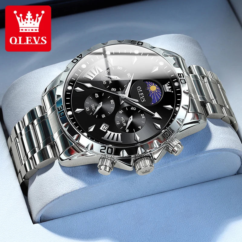 Men’s Moon Phase Luxury Chronograph Stainless Steel Watch