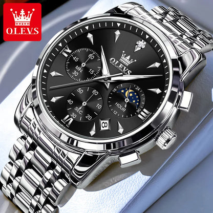 Men’s Stainless Steel Chronograph Watch With Moon Phase