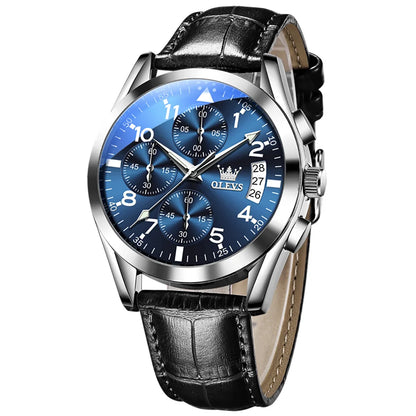 Men’s Leather Quartz Watch With Luminous Dial & Date