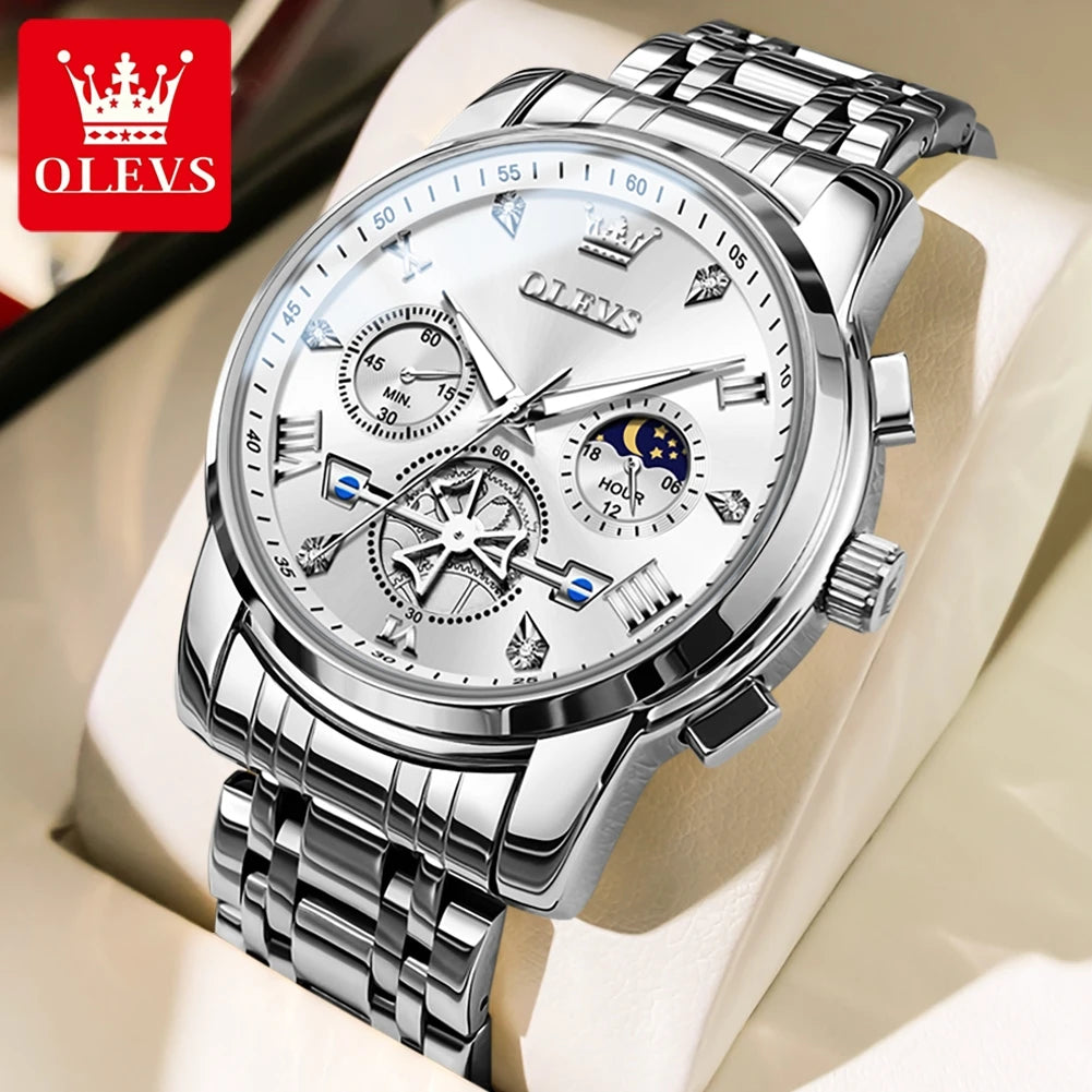 Men's Skeleton Quartz Watch Chronograph Moon Phase