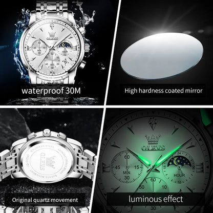 Men’s Stainless Steel Quartz Watch With Moon Phase