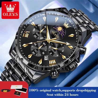 Men’s Chronograph Quartz Watch Moon Phase Stainless Steel