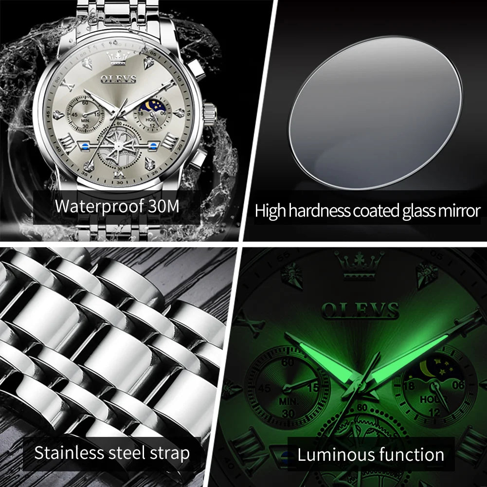 Men's Luxury Quartz Watch Moon Phase Chronograph