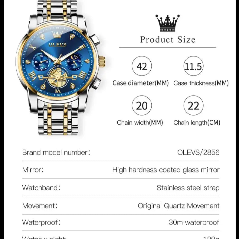 Men's Skeleton Quartz Watch Chronograph Moon Phase