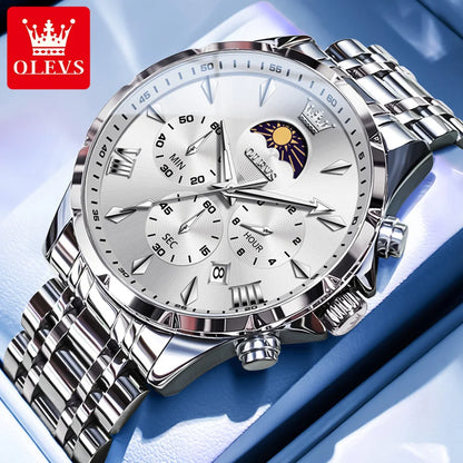 Men’s Chronograph Quartz Watch Moon Phase Stainless Steel