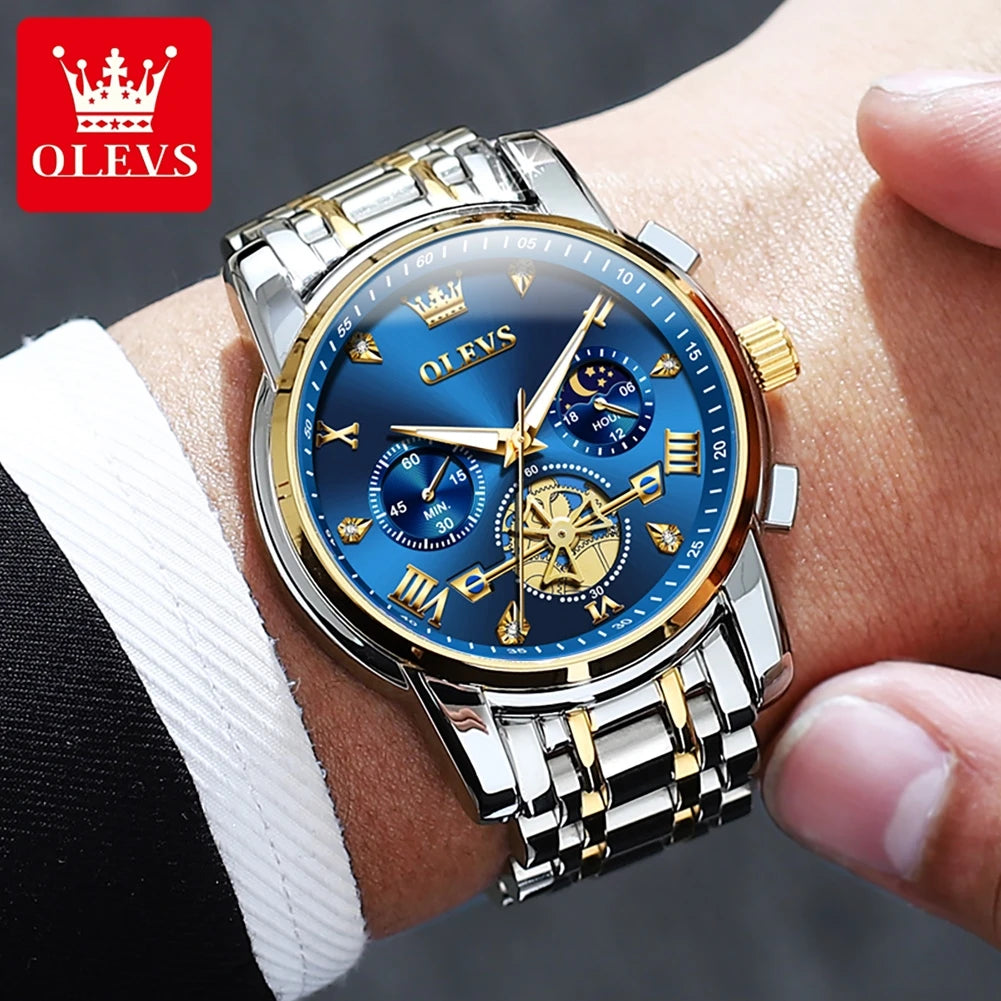 Men's Skeleton Quartz Watch Chronograph Moon Phase