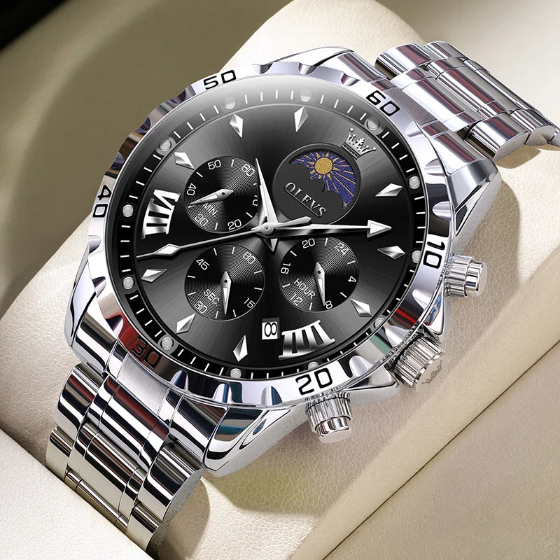 Men’s Moon Phase Luxury Chronograph Stainless Steel Watch
