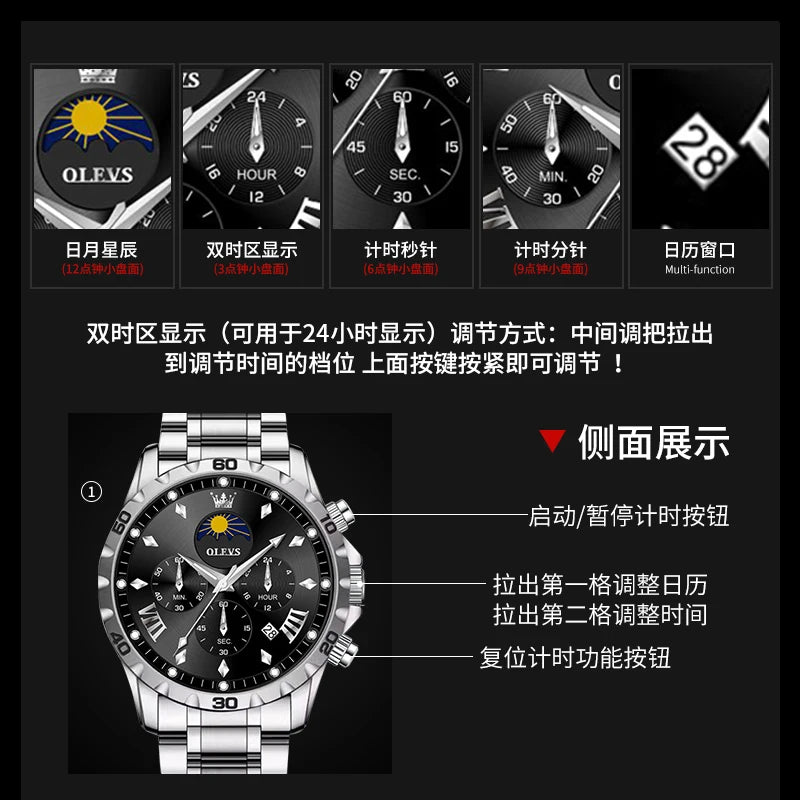 Men’s Moon Phase Luxury Chronograph Stainless Steel Watch
