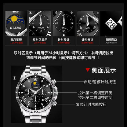 Men’s Moon Phase Luxury Chronograph Stainless Steel Watch