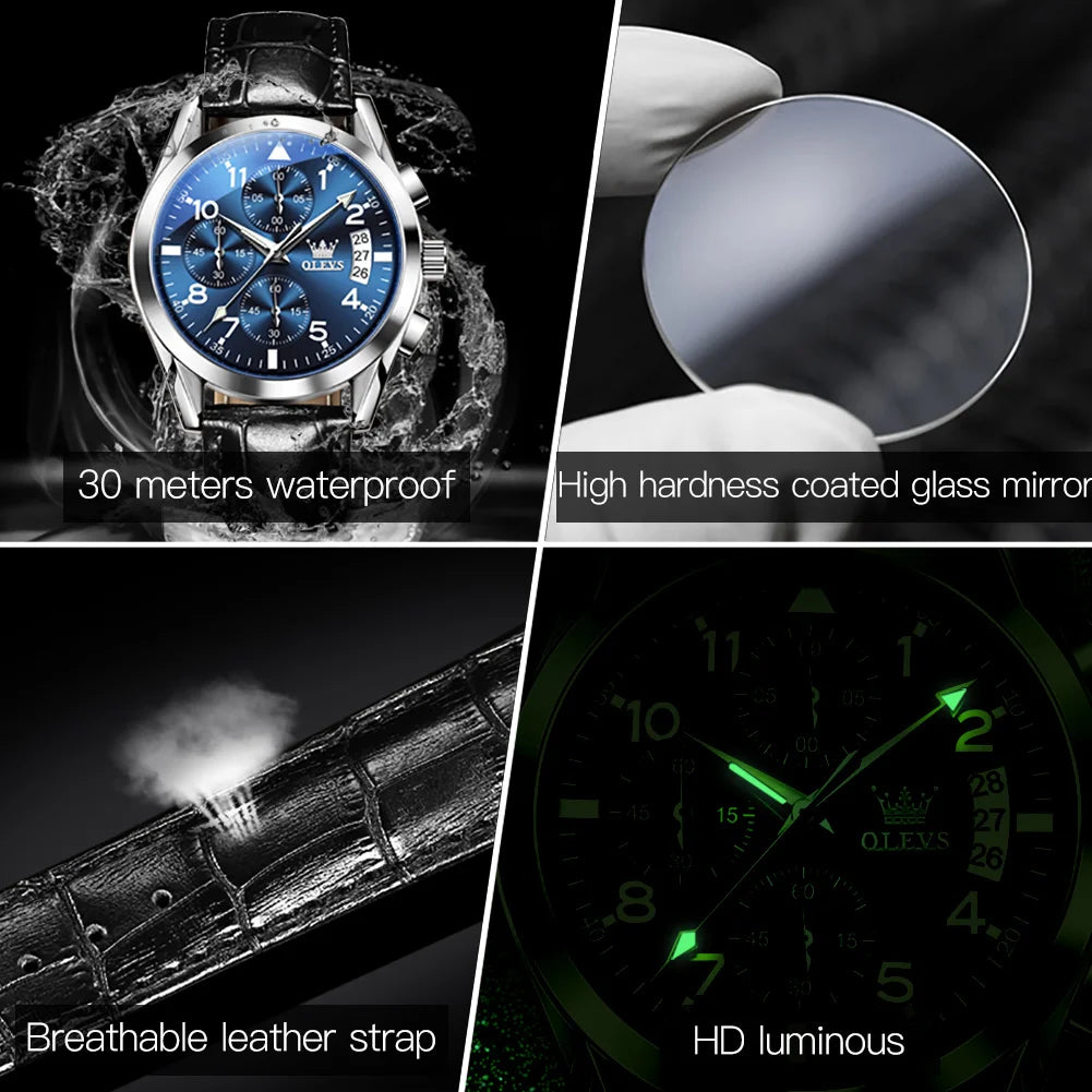 Men’s Leather Quartz Watch With Luminous Dial & Date