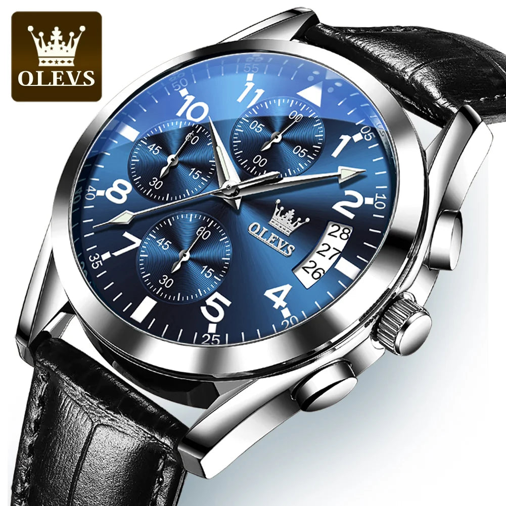 Men’s Leather Quartz Watch With Luminous Dial & Date
