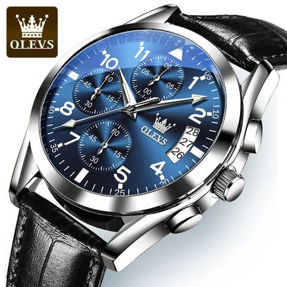 Men’s Leather Quartz Watch With Luminous Dial & Date