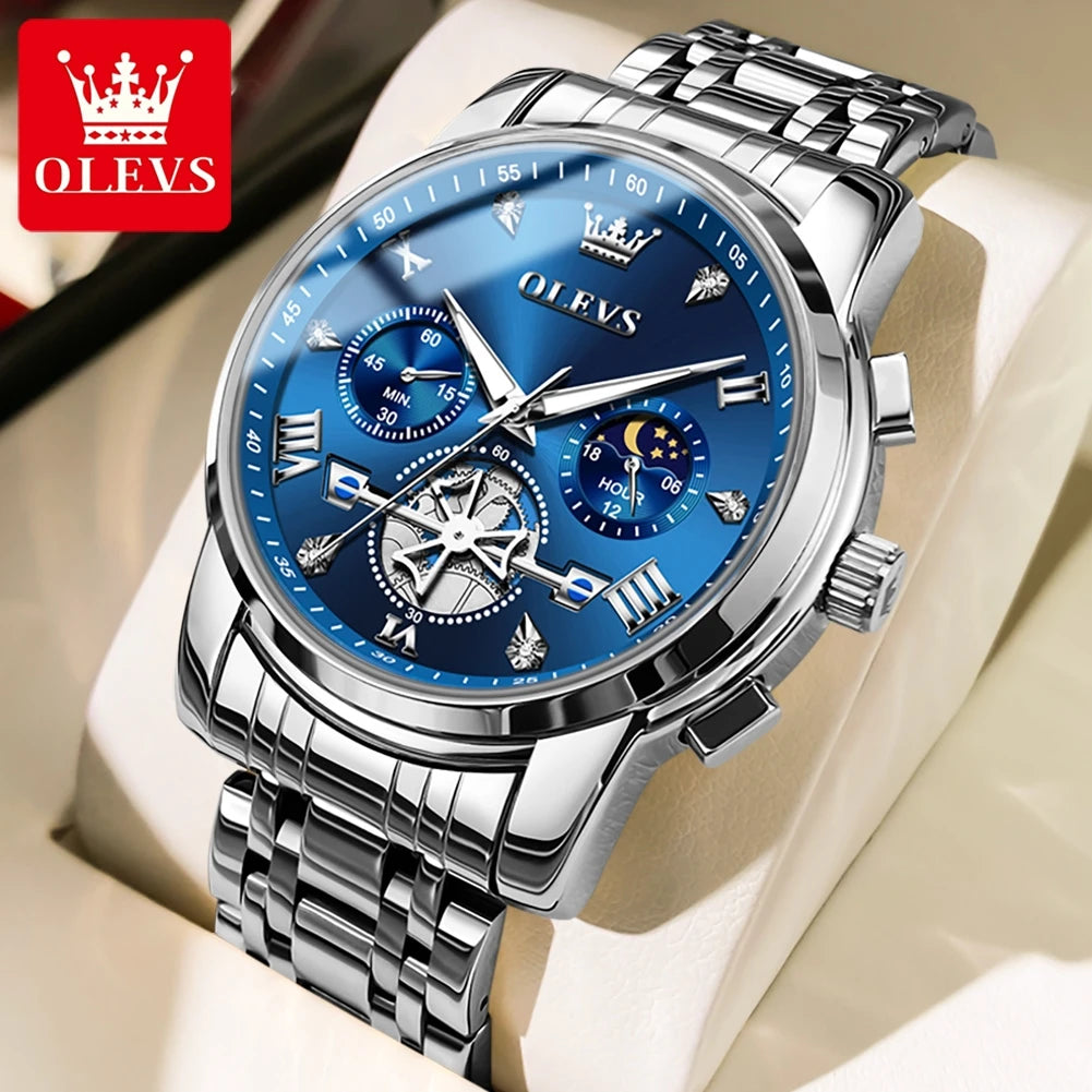 Men's Skeleton Quartz Watch Chronograph Moon Phase